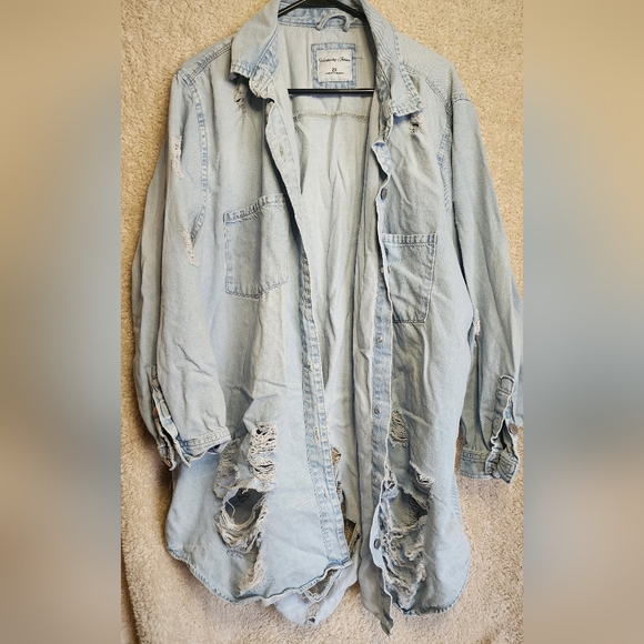 Distressed Light Blue Denim Shirt - Picture 2 of 3